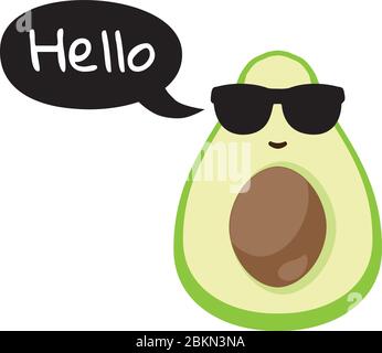 vector illustration of an avocado in sungalsses with speech bubble and hello text. funny avocado vector. Stock Vector