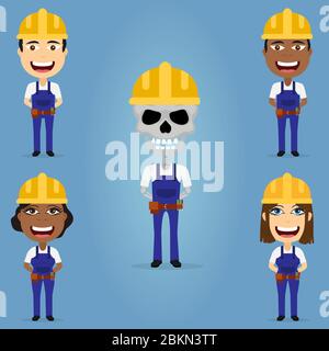Set of builders black and white skin, males and females skeleton, with helmet, tool belt and hands behind their back. Stock Vector