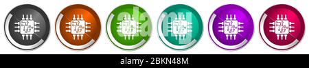 Circuit icon set, technology, chip, processor silver metallic chrome border vector web buttons in 6 colors options for webdesign Stock Vector