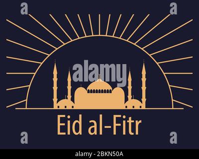 Eid al-Fitr muslim religious holiday. Greeting card in art deco style with a mosque and the sun, linear art in golden color. Eid Mubarak. Vector illus Stock Vector