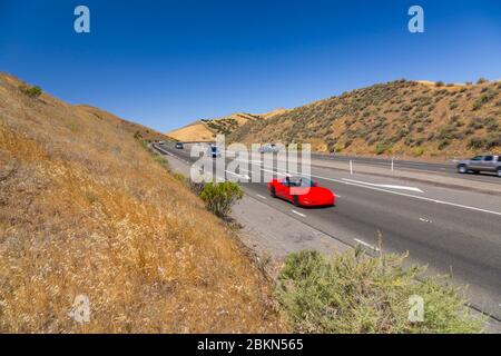 View of landscape and Highway 152 near San Luis Reservoir, California, United States of America, North America Stock Photo