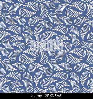 Palm pattern vector background. Indigo and white silhouette leaf vector seamless repeat design. Stock Vector