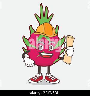 An illustration of Dragon Fruit architect cartoon mascot character having blueprints and yellow helmet Stock Vector