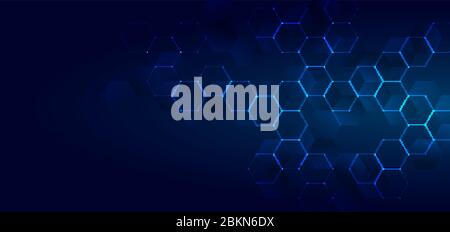 Abstract technology or medical concept blue glowing hexagons shape pattern on dark background. Ideas for health care tech, innovation medicine, scienc Stock Vector