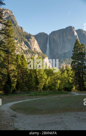View of Cooks Meadow and Upper Yosemite Falls, Yosemite National Park, UNESCO World Heritage Site, California, USA, North America Stock Photo