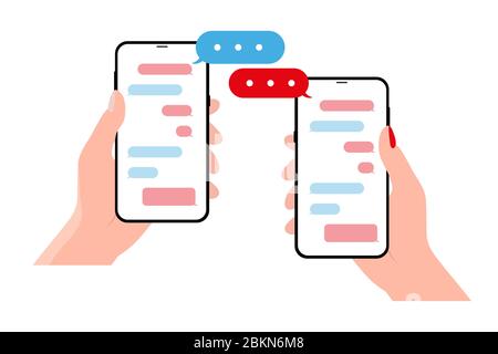 Hands holing smartphone with speech bubble. Using smart phone for text messaging Stock Vector