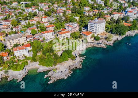 Croatia, Adriatic coastline in Kvaarner bay, beautiful old town of Lovran, historic center and coastline aerial view Stock Photo