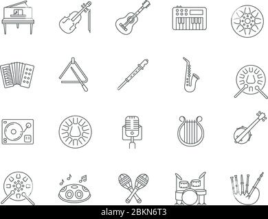 Classical musical instrument pixel perfect linear icons set Stock Vector