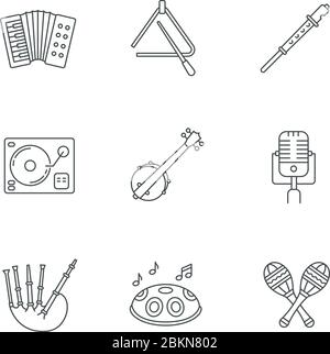 Band musical instruments pixel perfect linear icons set Stock Vector