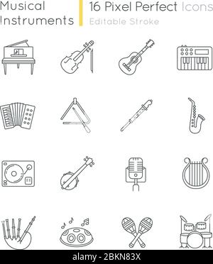 Orchestral instrument pixel perfect linear icons set Stock Vector