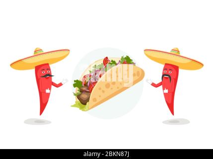 Traditional Mexican Food Restaurant Advertising. Two chili characters with mustache in sombrero and taco. Vector Stock Vector