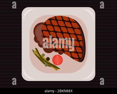BBQ steak, grilled meat top view. Roast beef. Steak with vegetables on a dish. Vector illustration Stock Vector