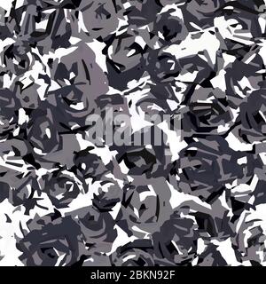 Abstract camouflage seamless pattern. Trendy fabric design in black, white and gray colors with acrylic texture. Wings and splashes. Stock Vector