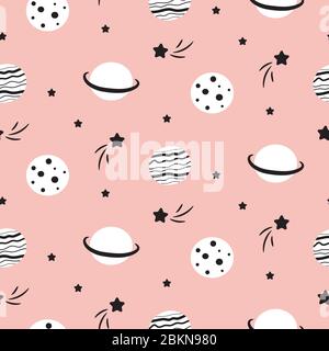 Seamless pattern with cartoon planet stars and comets. Stock Vector