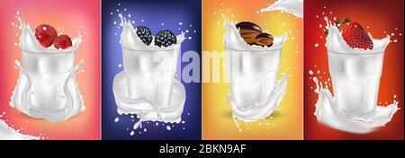 3D realistic splash with fresh fruit. Strawberry, raspberry, plum, blackberry. Fruits cocktail. Milk yogurt and fruit. Splashing milk. Vector illustration. Stock Vector