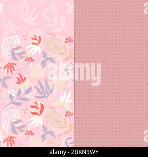 Two seamless pattern with hand draw leaf, vector illustration. Pastel pink Stock Vector