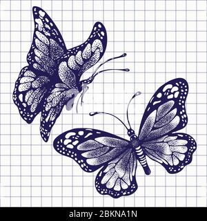 Ink butterflies, hand drawing ballpoint pen drawn in checkered notebook, set doodle insect sketch. Blue painted graphic butterfly with wings closed an Stock Vector