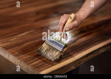 Hand of a carpenter designer oiling an authentic self made table with a big brush in a workshop environment. Finishing beautiful teak wood slabs with Stock Photo