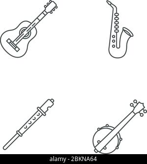 Orchestral musical instruments pixel perfect linear icons set Stock Vector