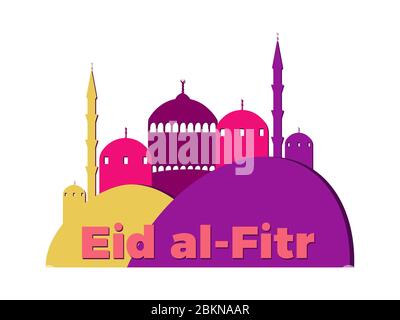 Eid al-Fitr muslim religious holiday. Colorful greeting card with mosque and minaret. Eid Mubarak. Vector illustration Stock Vector