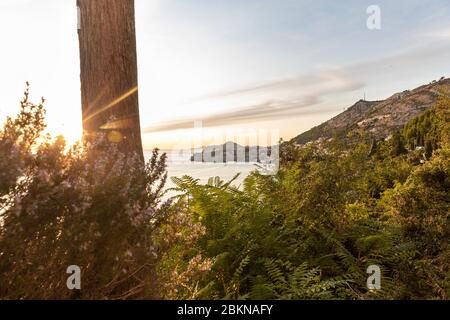 View of the Adriatic sea with the Old Town in Dubrovnik in Dalmatia, Croatia, Europe on a sunny day in summer during sunset and sun flares. Holiday de Stock Photo