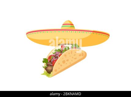 Traditional Mexican Food - Taco. Cartoon banner taco and sombrero. Vector illustration Stock Vector