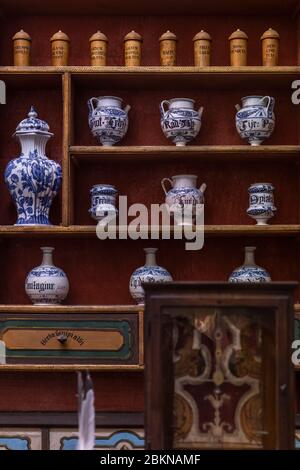Dubrovnik, Croatia, September 19th 2019. The third oldest pharmacy in the world in Franciscan monastery in Dubrovnik, Dalmatia with old hand painted c Stock Photo