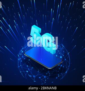 5g. Mobile phone with 5g hologram and global network isometric banner. Technology background. Vector Stock Vector