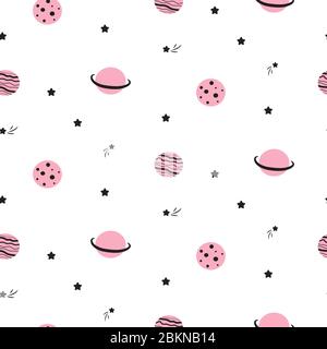 Seamless pattern with cute cartoon planet stars and comets. Stock Vector