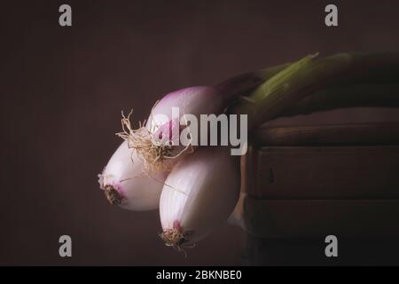 Three freshly picked red Tropea onions laid on a wooden table in a rustic setting Stock Photo