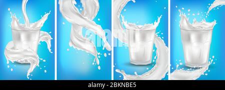 Milk in a transparent glass. Splash milk on the blue background. Cocktail milk. Realistic fresh milk splashing. 3D vector set Stock Vector
