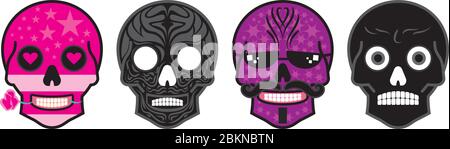 Sugar Skull vector set. 4 Colourful human skulls, cartoon smiling masks. Illustration. Stock Vector