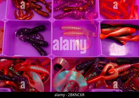 Set of wobbles fishing lures in box isolated on white background . Stock Photo