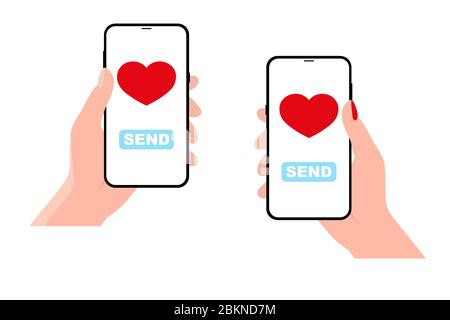 Online dating concept. Hands holding smartphone with heart. Stock Vector