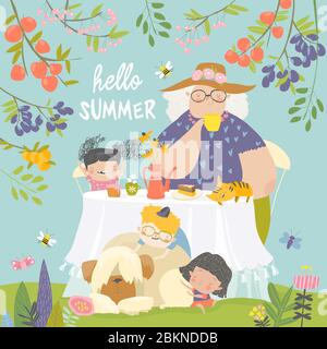 Granny and her grandchildren have lunch in blossom garden Stock Vector