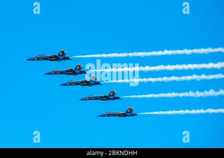 Blue Angels display over San Francisco as part of Fleet Week. McDonnell Douglas F/A-18 Hornets Stock Photo