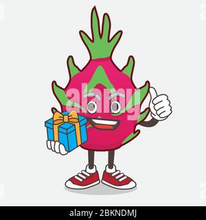 An illustration of Dragon Fruit cartoon mascot character with gift Stock Vector