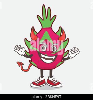 An illustration of Dragon Fruit cartoon mascot character as red devil with horns and tail Stock Vector
