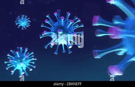 Microscopic view of a infectious virus. Contagion and propagation of a disease. Corona COVID-19. 3D Rendering