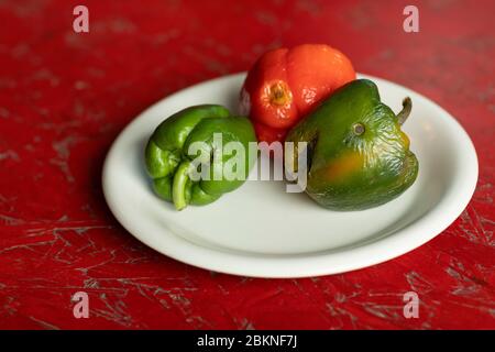 rotten red and green bell peppers on a white plate and a wooden red textured background. Food waste, compost. Old moldy vegetables, horizontal Stock Photo