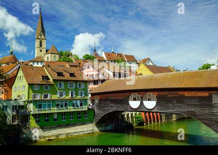 Baden old town and the covered wooden bridge over Limmat river, Switzerland. Canton Aargau, Switzerland. Stock Photo