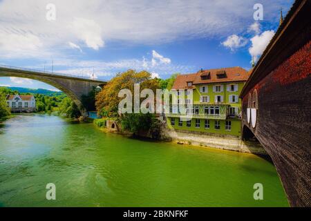 Baden old town and the covered wooden bridge over Limmat river, Switzerland. Canton Aargau, Switzerland. Stock Photo