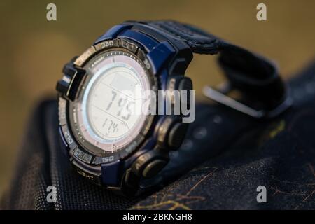 close up shot of wrist watch for hikers Stock Photo