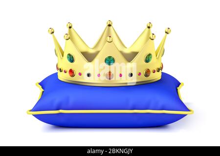 Royal gold crown on blue pillow, front view Stock Photo
