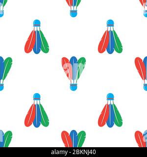 Shuttlecock Icon with Colorful Feathers Seamless Pattern Isolated on White Background Stock Photo