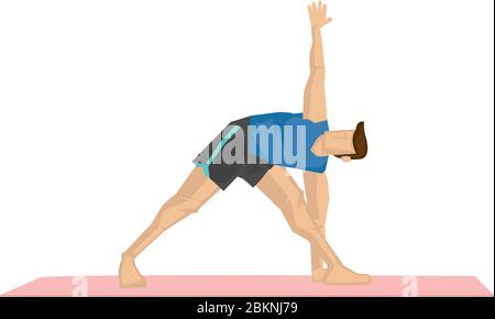 Illustration of a strong man practicing yoga with a triangle pose. Concept of yoga calmness, relaxation and wellness. Vector illustration. Stock Vector