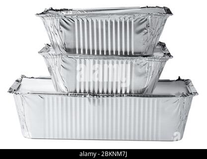 Packed foil food boxes on white background, copy space Stock Photo