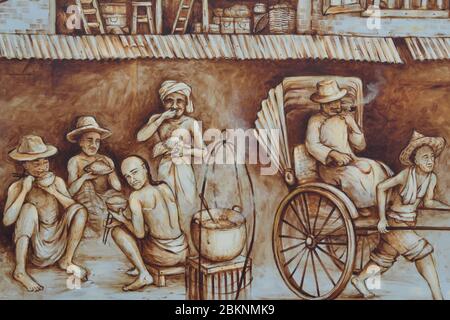 Part of a mural by artist Yip Yew Chong, at the back of Thian Hock Keng Temple, depicting a rickshaw puller and other early immigrants; Singapore Stock Photo