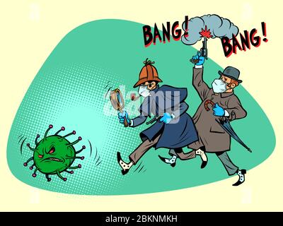 England victory over coronavirus epidemic covid19 concept. Sherlock Holmes and Dr. Watson catch the virus Stock Vector