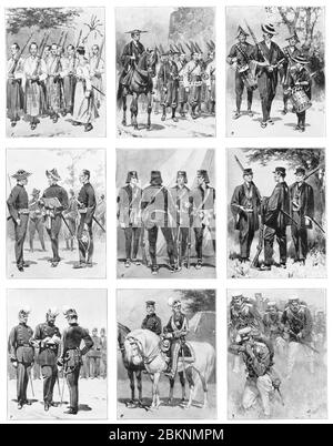 [ 1900s Japan - Japanese Military Uniforms ] —   Page from the Illustrated London News Vol CXXIV, 1904 (Meiji 37) showing Japanese military uniforms.  Original caption: “Japan’s leap from Barbarism to civilisation : A Generation of Military progress.” This edition of the Illustrated London News focused on the Russo-Japanese War (1904-1905).  20th century vintage newspaper illustration. Stock Photo
